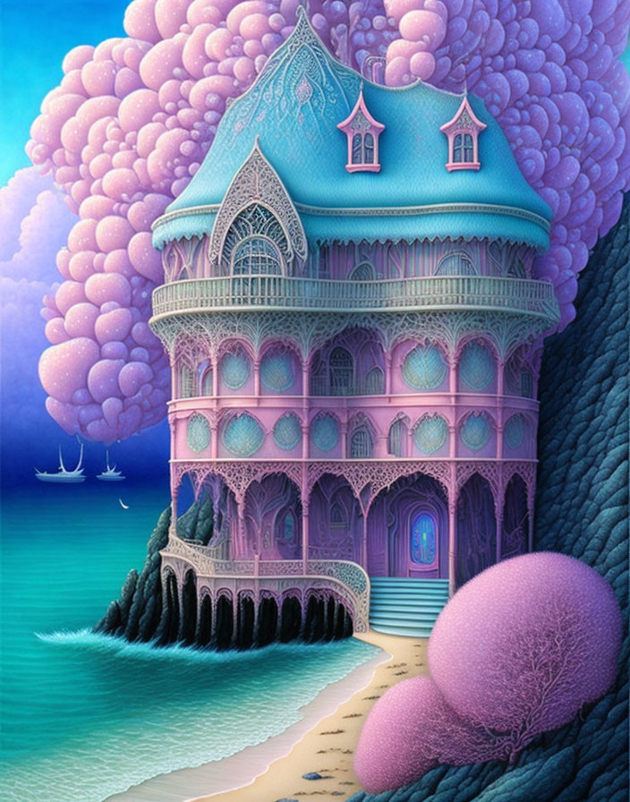 Whimsical Violet House by the Sea with Pink Clouds and Ships