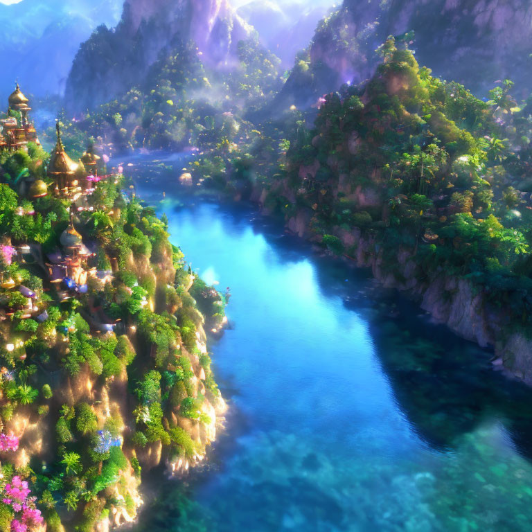 Fantasy landscape with blue river, greenery, flowers, and golden pagodas