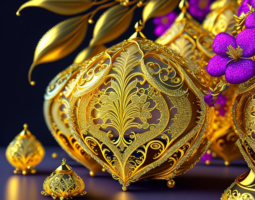 Intricate Golden Bauble with Leaf Motifs and Purple Flowers