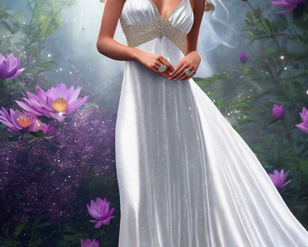 Woman in White Evening Gown Among Purple Lotus Flowers and Sun Flare