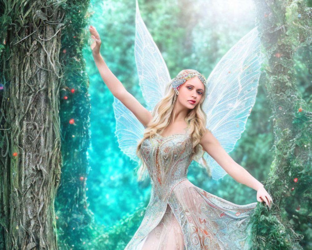 Fairy costume in enchanting forest with translucent wings