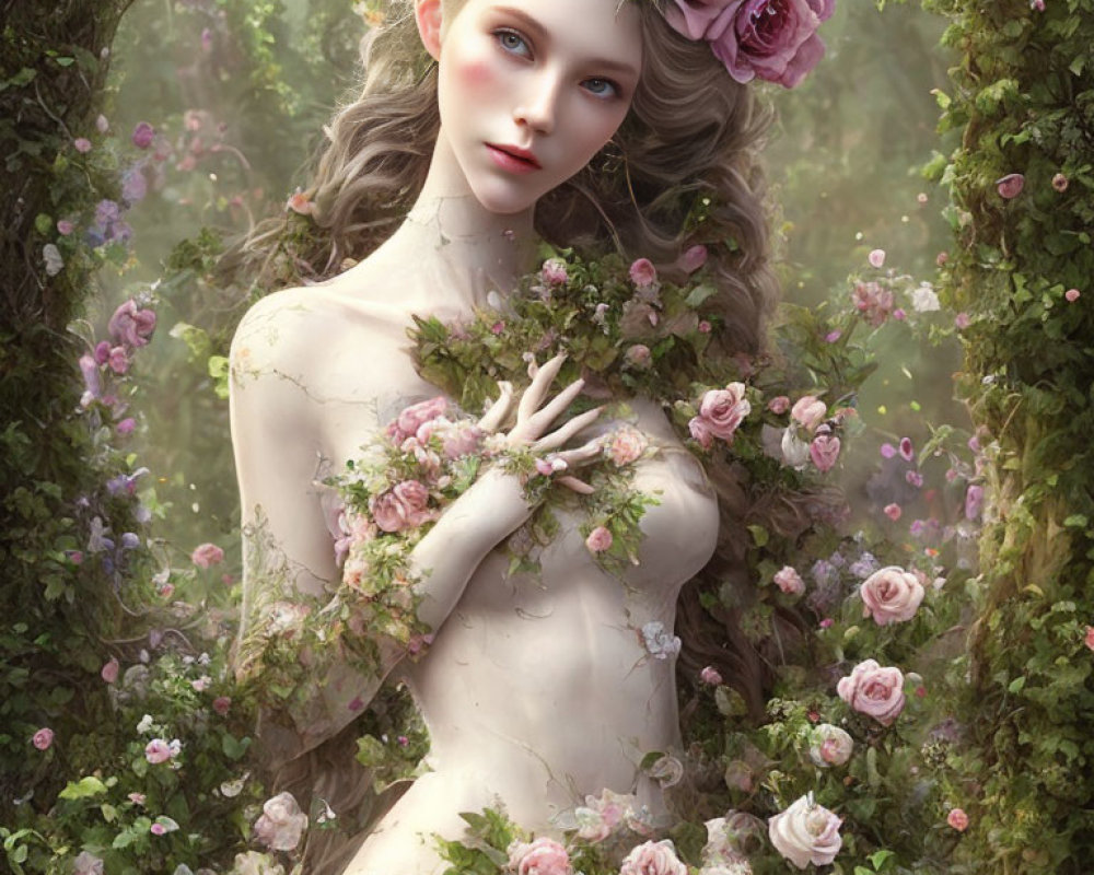 Feminine figure with roses in enchanted floral digital art