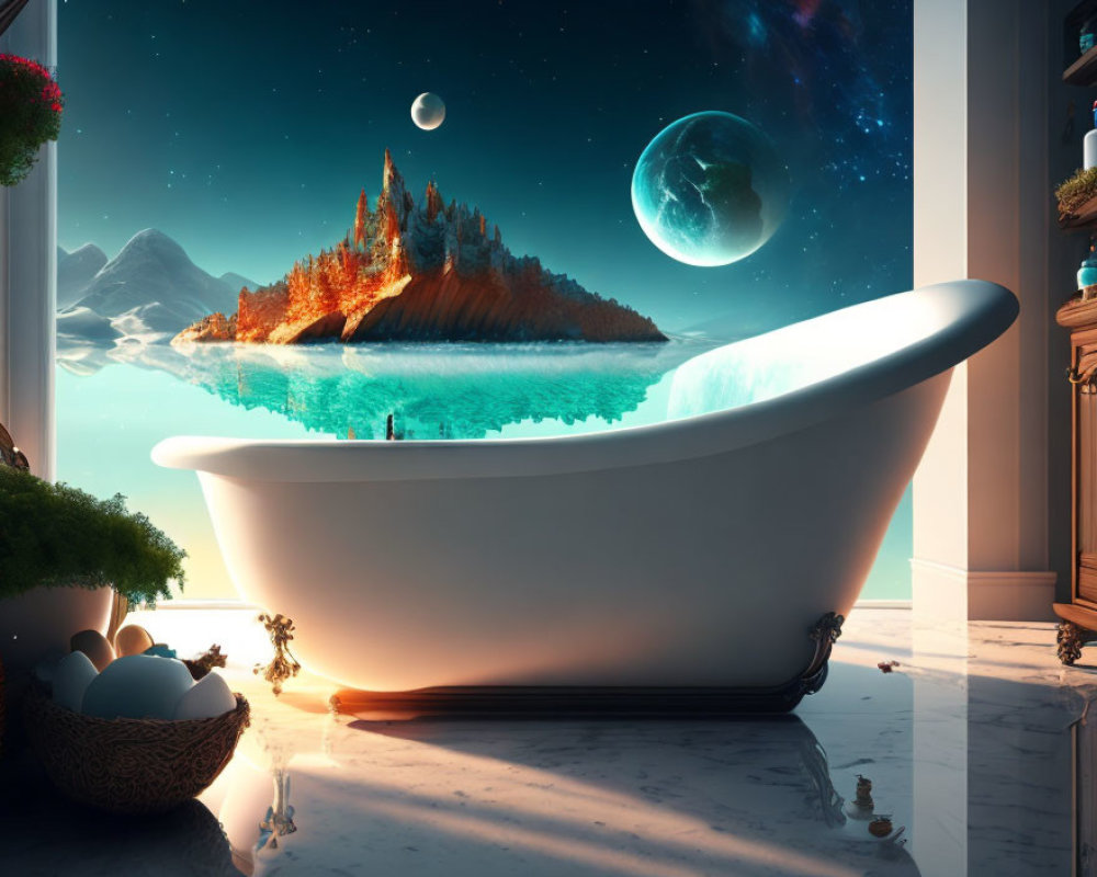 Surreal bathtub room with cosmic landscape and floating island