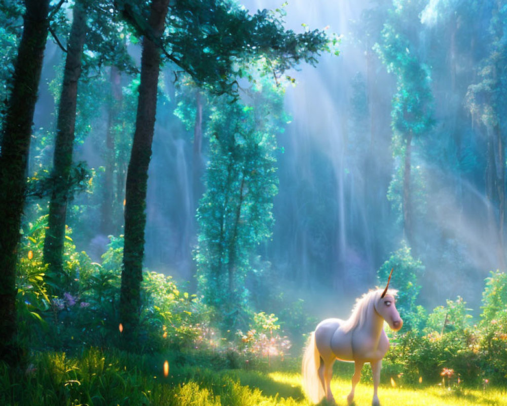 Majestic unicorn in sunlit forest clearing surrounded by tall trees