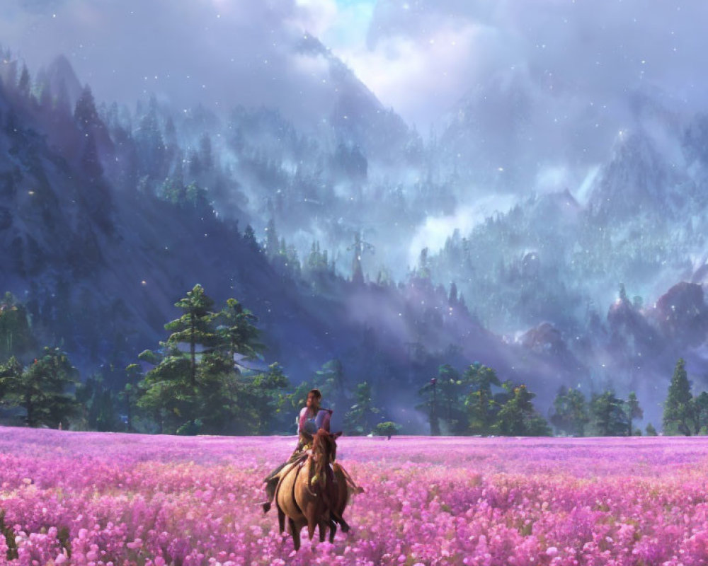 Horse rider in pink flower field with misty mountains and evergreens