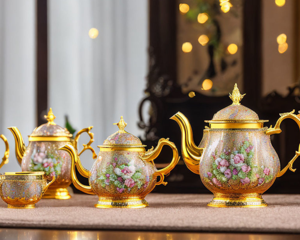 Floral Design Porcelain Teapot Set on Festive Background