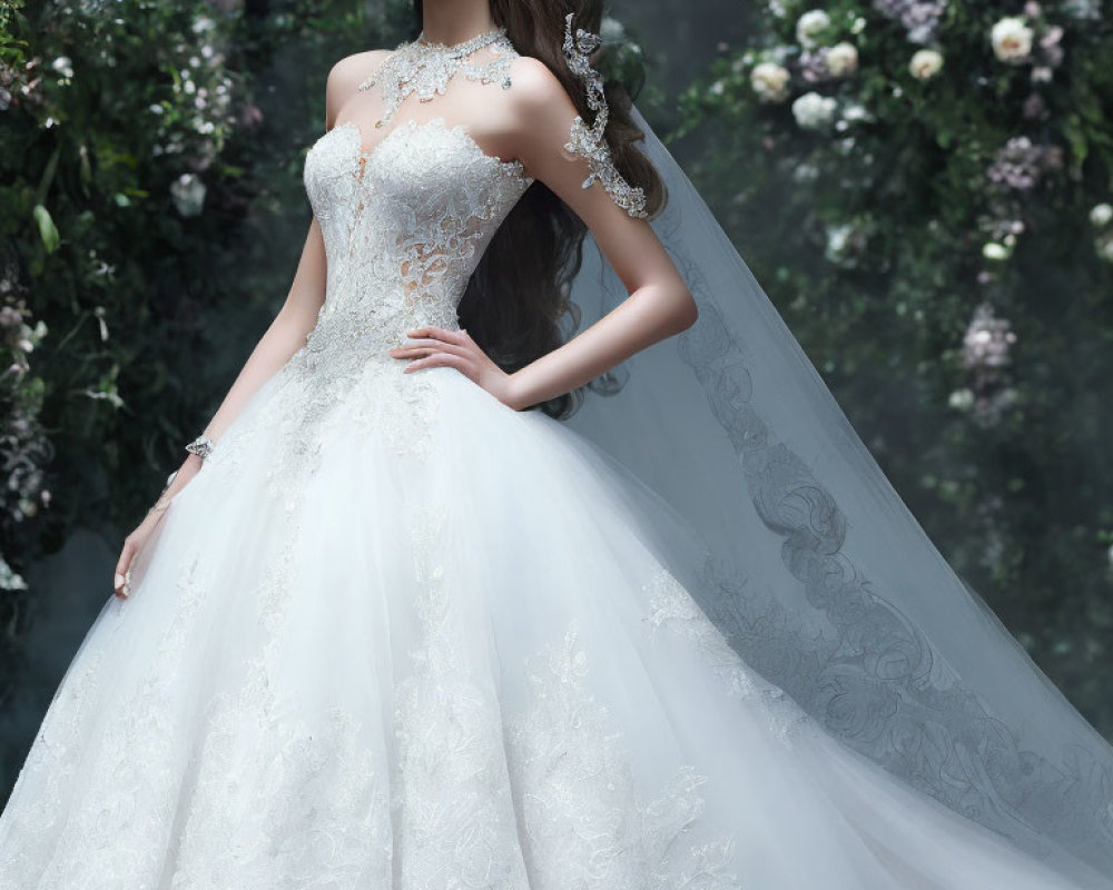 Elegant woman in white lace wedding gown in garden