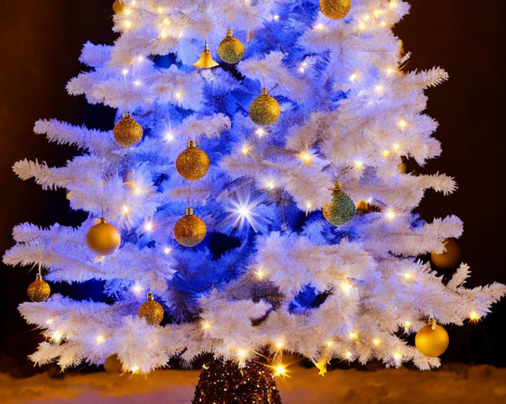 White Christmas tree with golden ornaments and twinkling lights on dark background