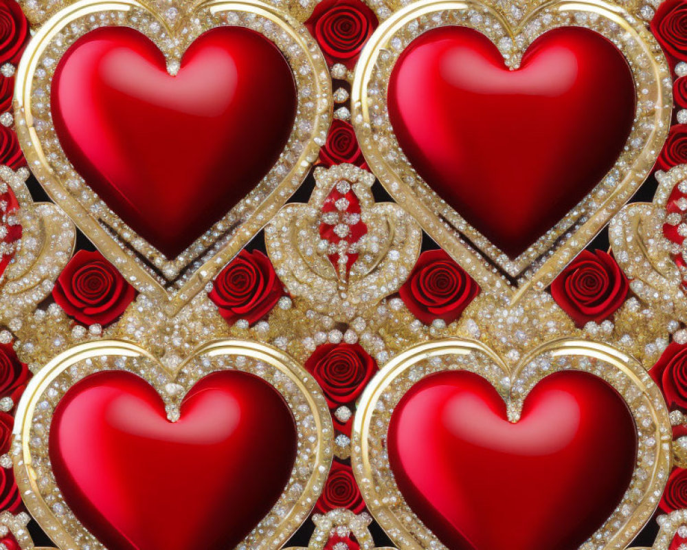 Red Hearts Seamless Pattern with Golden Glitter, Red Roses, and Jeweled Background