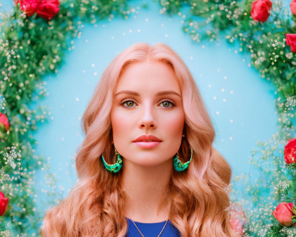 Blonde Woman with Blue Earrings in Floral Frame