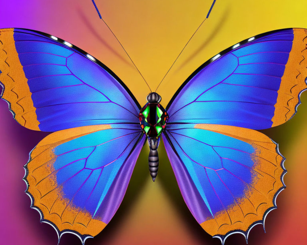 Colorful Butterfly with Blue and Orange Wings on Yellow and Purple Background