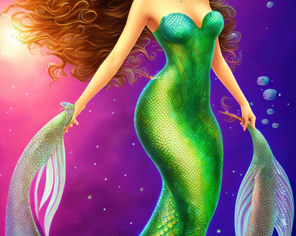 Illustrated mermaid with brown hair and green tail on purple background.