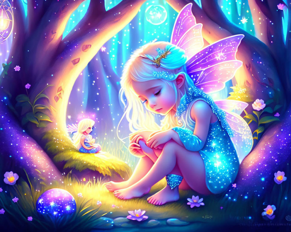 Glowing fairy child in mystical forest with tiny companion
