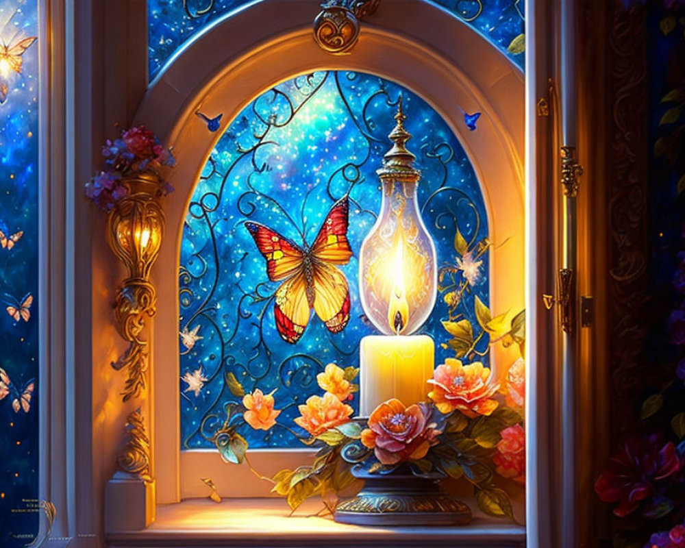 Colorful window scene with candle, flowers, butterfly, and starry sky view.