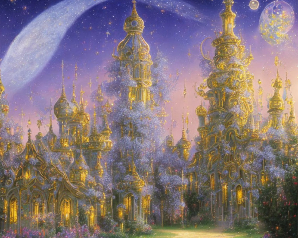 Fantasy landscape with golden towers, blooming trees, starry sky, oversized moon, and floating
