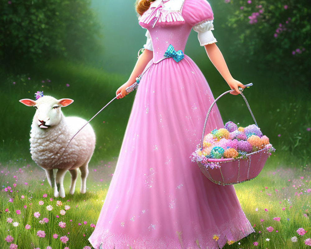 Vintage dress woman with flowers and sheep in blooming meadow