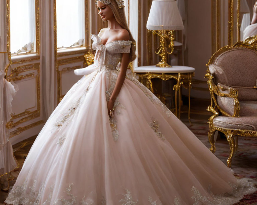 Elegant woman in off-the-shoulder ball gown and tiara in luxurious vintage room