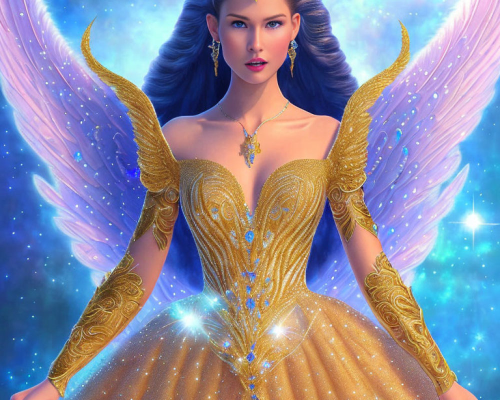 Majestic fairy queen in golden dress with butterfly wings and crown on starry background