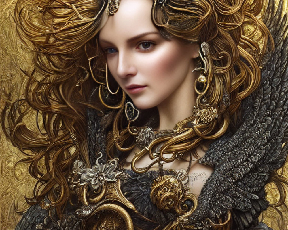 Fantasy-inspired digital artwork of woman with intricate golden hair and jewelry.