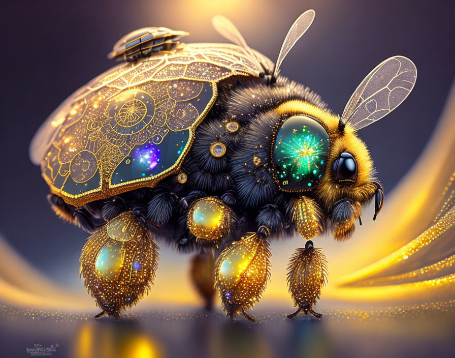 Fantastical bumblebee digital artwork with golden patterns on glowing body.