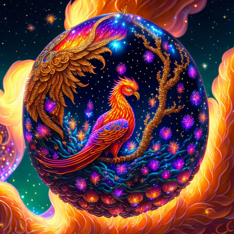 Colorful Phoenix in Celestial Sphere on Fiery Background