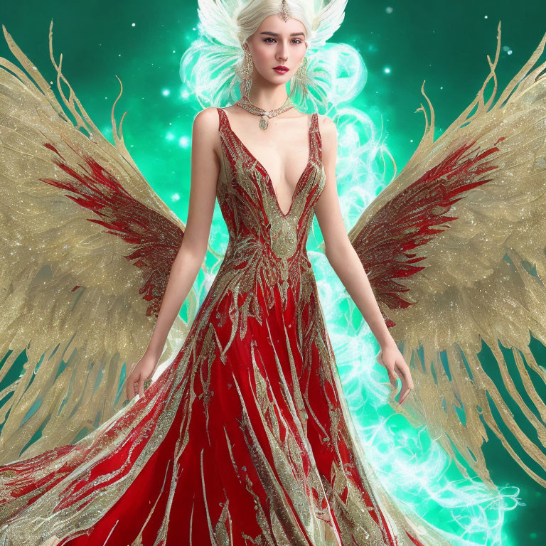 Digital artwork: Woman with glowing wings, red & gold dress, green backdrop