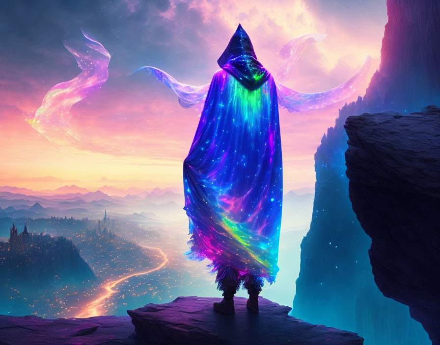 Mystical figure in starry cloak on cliff overlooking fantasy landscape