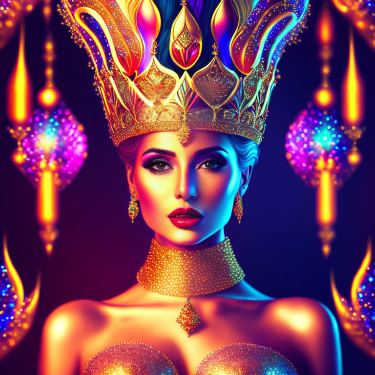 Colorful portrait of woman with ornate crown and jewelry on vibrant background.