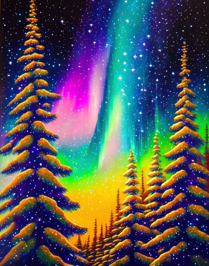 Northern Lights Over Snow-Covered Pine Trees and Starry Sky