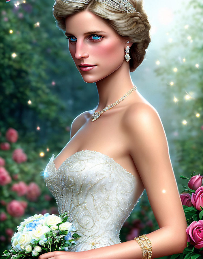 Illustrated bride in white gown with blue eyes and pearl jewelry, holding white and blue flower bouquet.