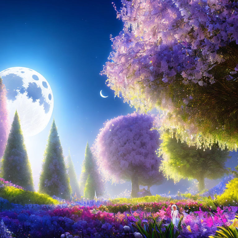 Vibrant purple trees and moonlit night sky with figure in colorful landscape