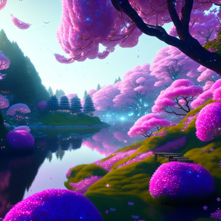Vibrant pink glowing trees in serene twilight landscape