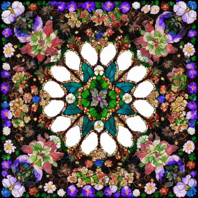 Colorful Symmetrical Flower and Leaf Pattern on Black Background