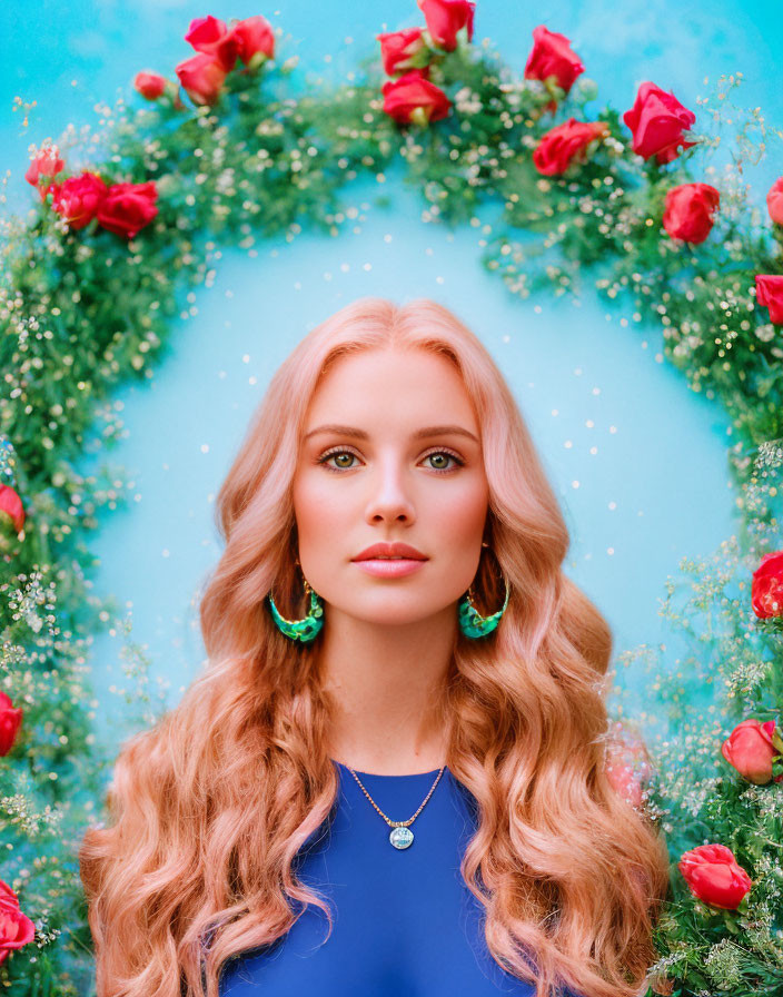 Blonde Woman with Blue Earrings in Floral Frame