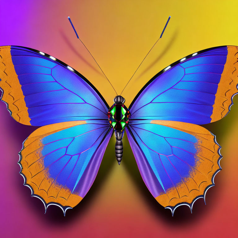 Colorful Butterfly with Blue and Orange Wings on Yellow and Purple Background
