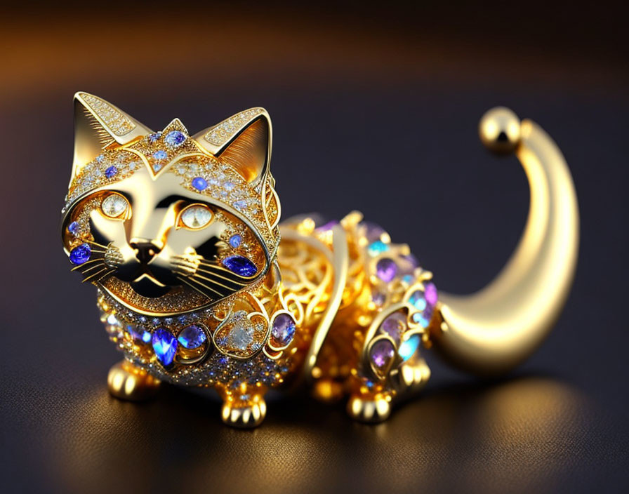 Golden cat figurine with gemstones and intricate designs on dark background