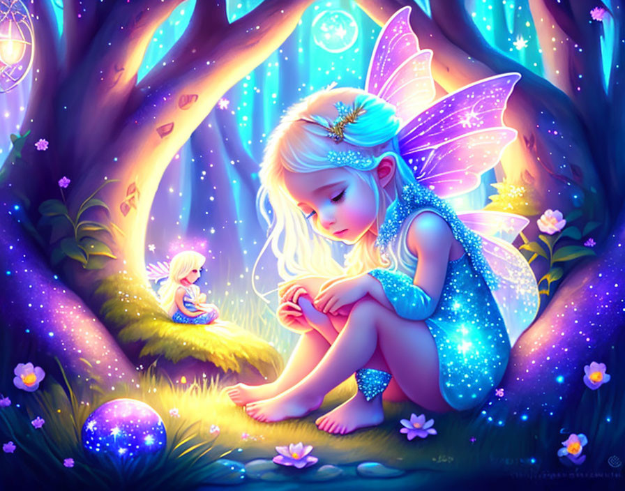 Glowing fairy child in mystical forest with tiny companion