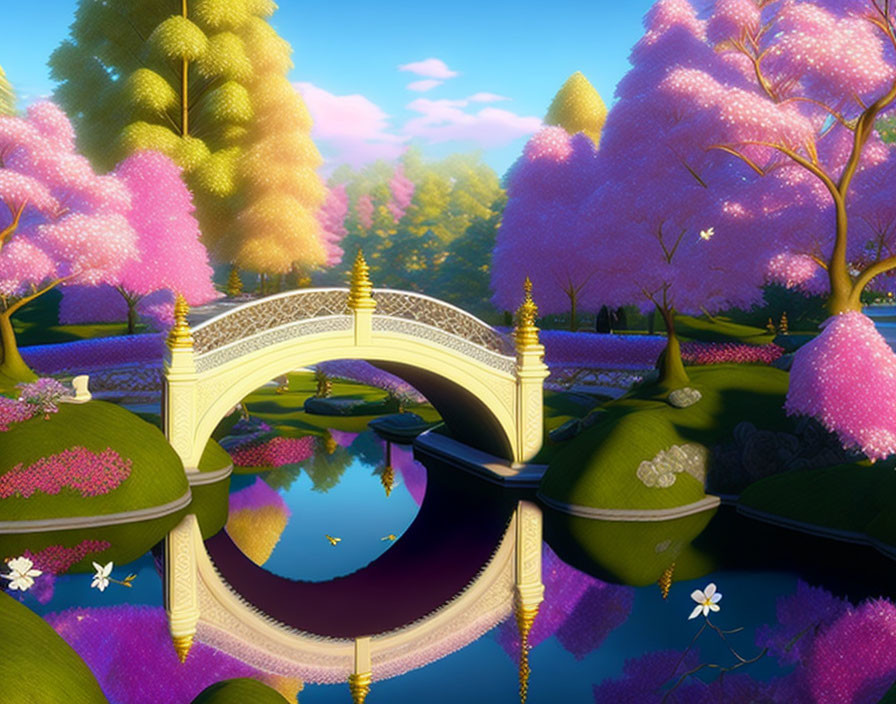 Tranquil digital art landscape: blue river, white bridge, pink blossoming trees