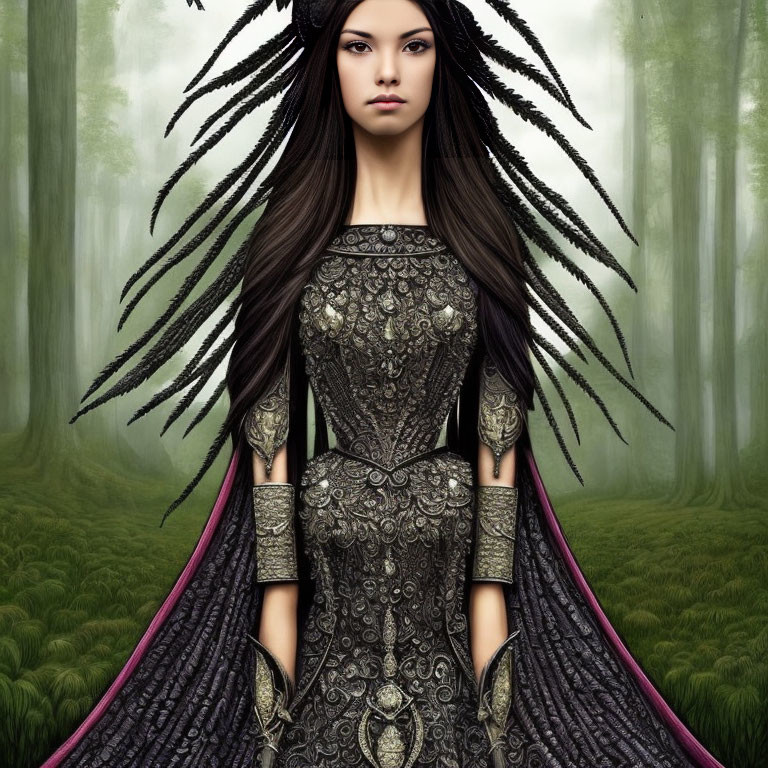 Digital Art: Woman with Long Dark Hair in Ornate Black Dress in Mystical Forest