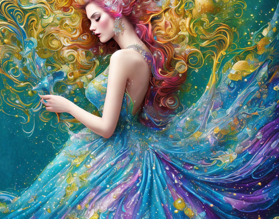 Colorful woman illustration with flowing hair and vibrant gown on teal background