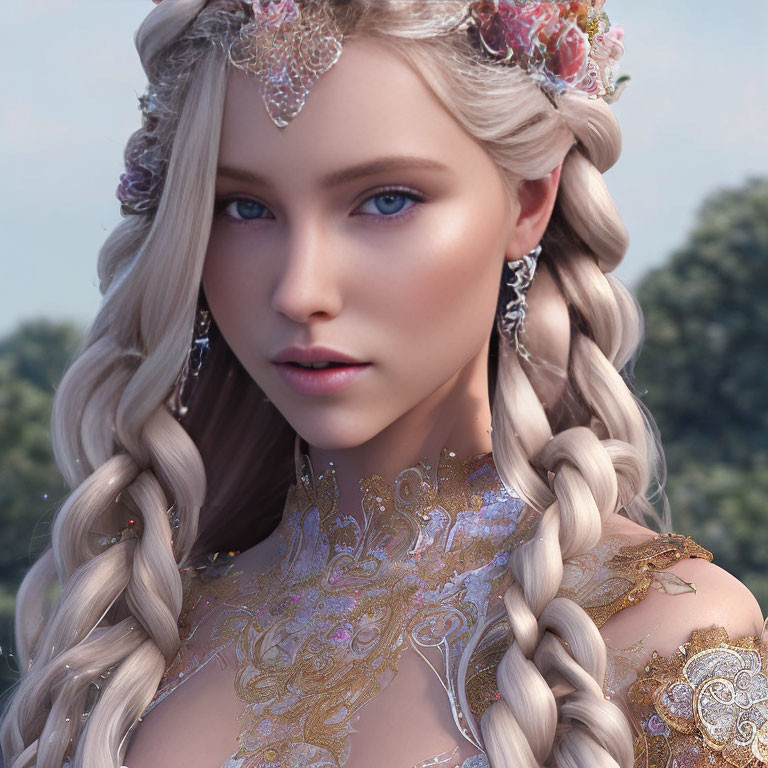 Blond Woman with Braided Hair and Gold Jewelry in Ethereal Setting