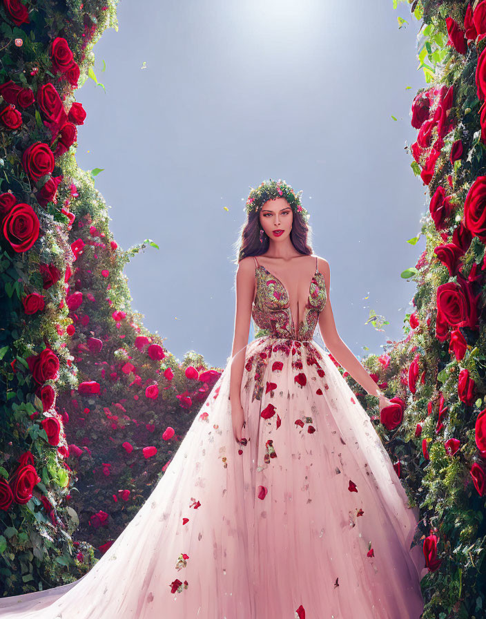 Woman in floral crown and elegant gown surrounded by red roses under bright sky