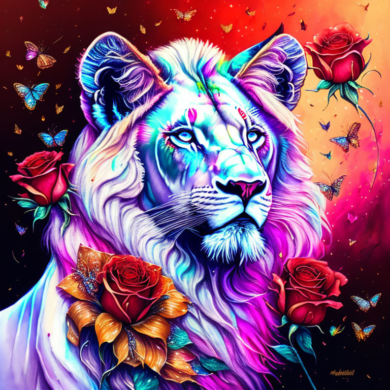 Colorful Lion Artwork with Roses and Butterflies on Red Background
