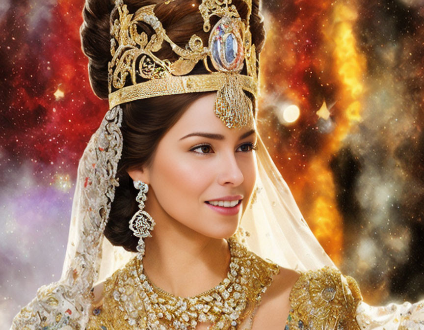 Regal woman with gold crown and veil in cosmic setting