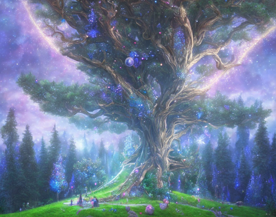 Fantastical glowing tree with magical orbs in starry sky