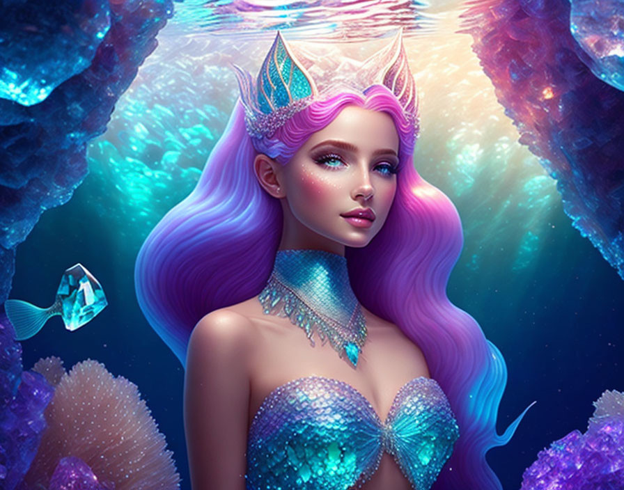 Purple-haired mermaid with sparkling blue tail in vibrant underwater scene
