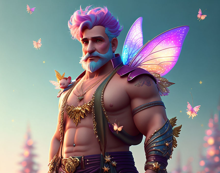 Elder fairy with vibrant wings and golden armor, surrounded by pink butterflies
