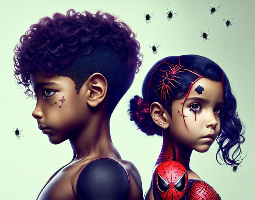 Digital art: Two children with spider-themed body art and Spider-Man costume, surrounded by spiders