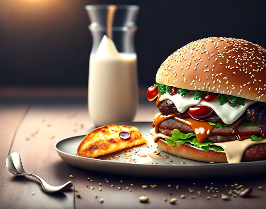 Cheeseburger with lettuce, sauces, pizza, and milk jug on wooden table