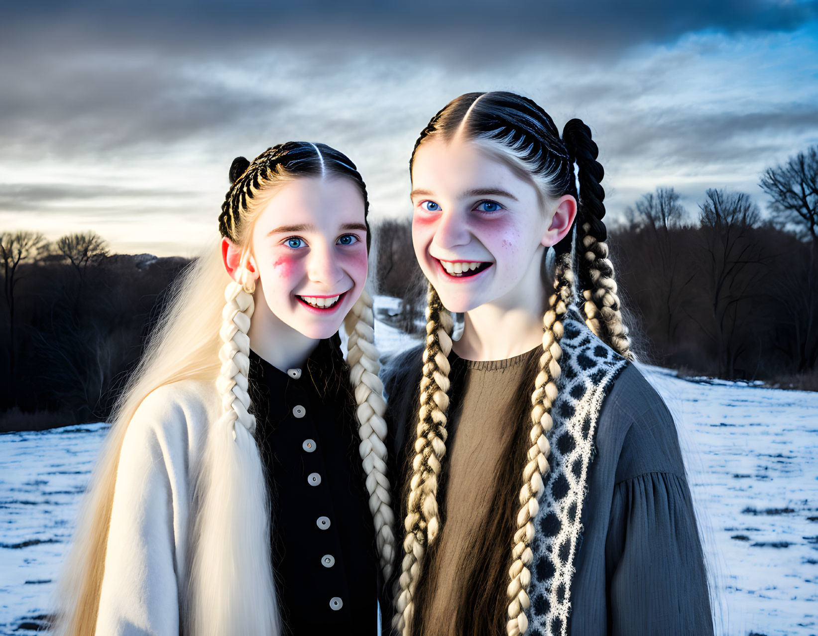 two girls in cold winter evening